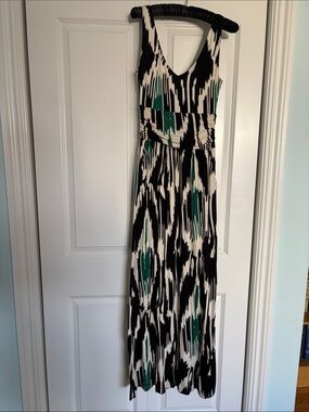 Anthropologie Black, White & Teal Sleeveless V-Neck Maxi Dress